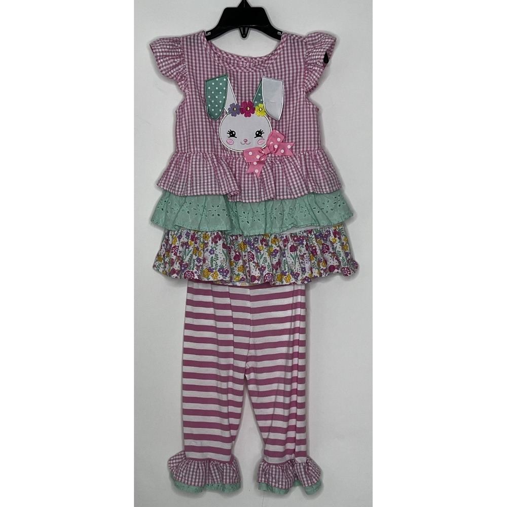 Rare Editions Girls 3T Ruffled Top/Pants Set Pink Plaid Bunny Searsucker Easter